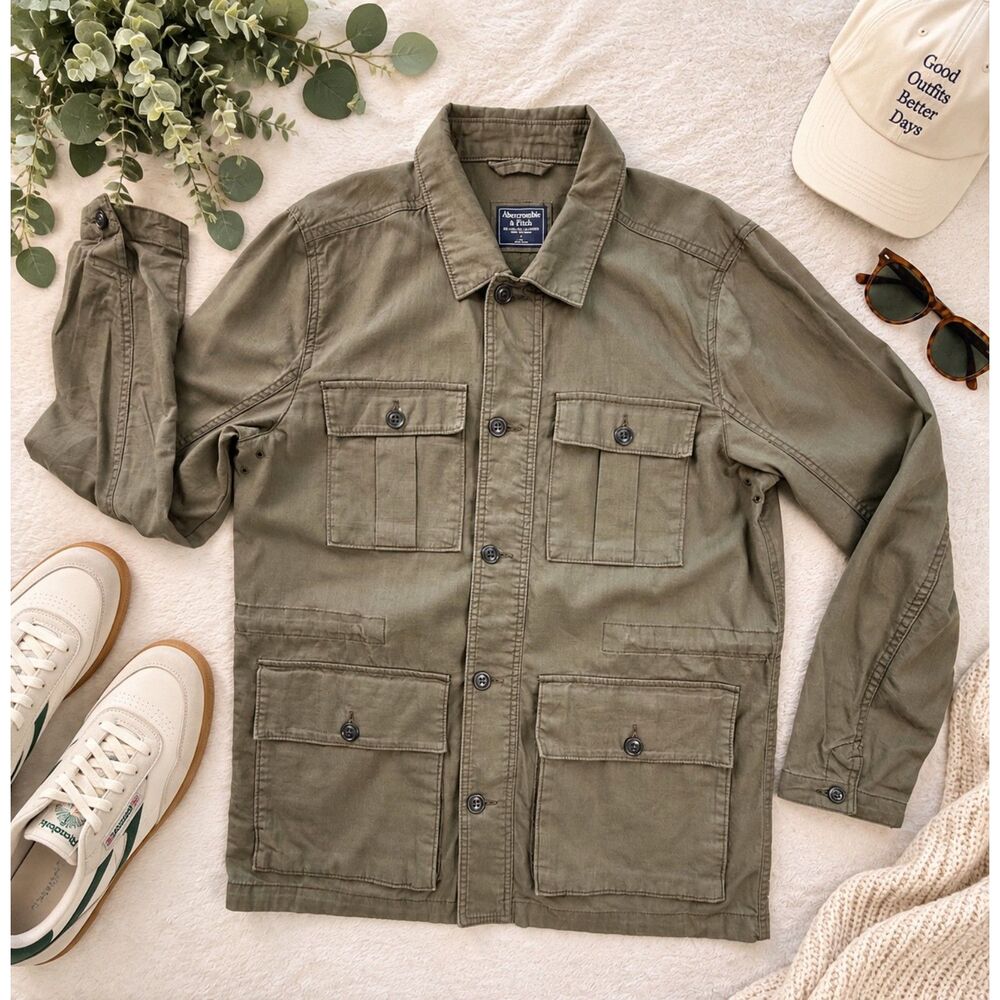 Abercrombie & Fitch Olive Green Linen Cotton Utility Jacket L